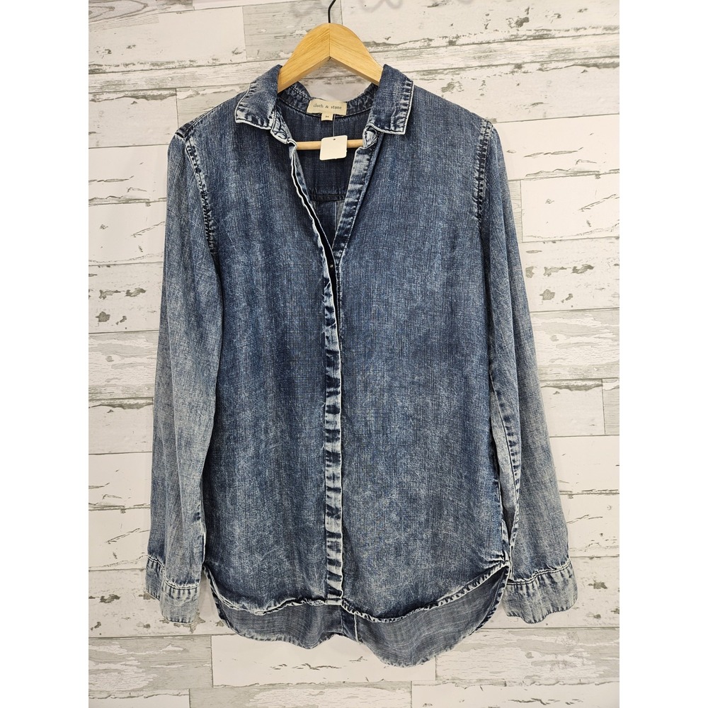 Cloth & Stone Womens Acid Wash Blue Tencel Button Back Long Sleeve‎ Shirt M